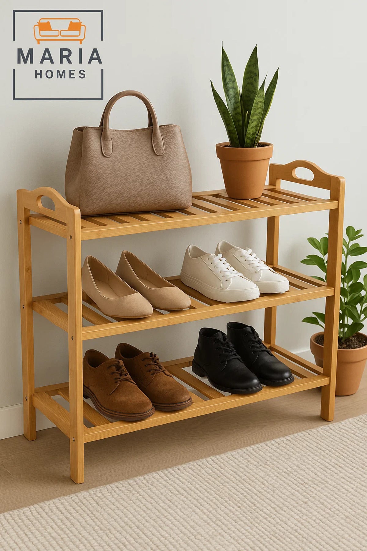 3-Tier Natural Bamboo Shoe Rack Organizer Shelf for Entryway, Hallway, Closet or Living Room
