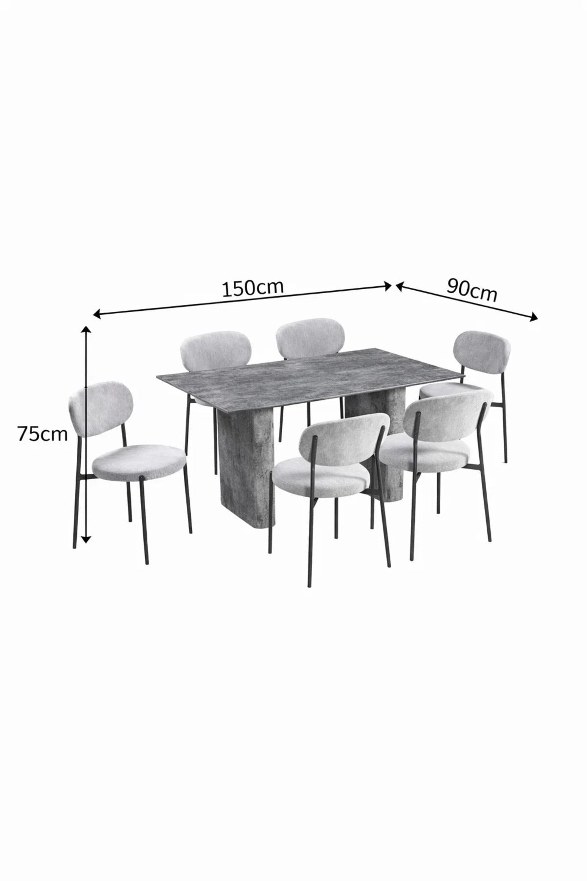 Luxury Grey Dining Table Set 6 Chairs Stone Look 150cm Modern Furniture for Kitchen Dining Room