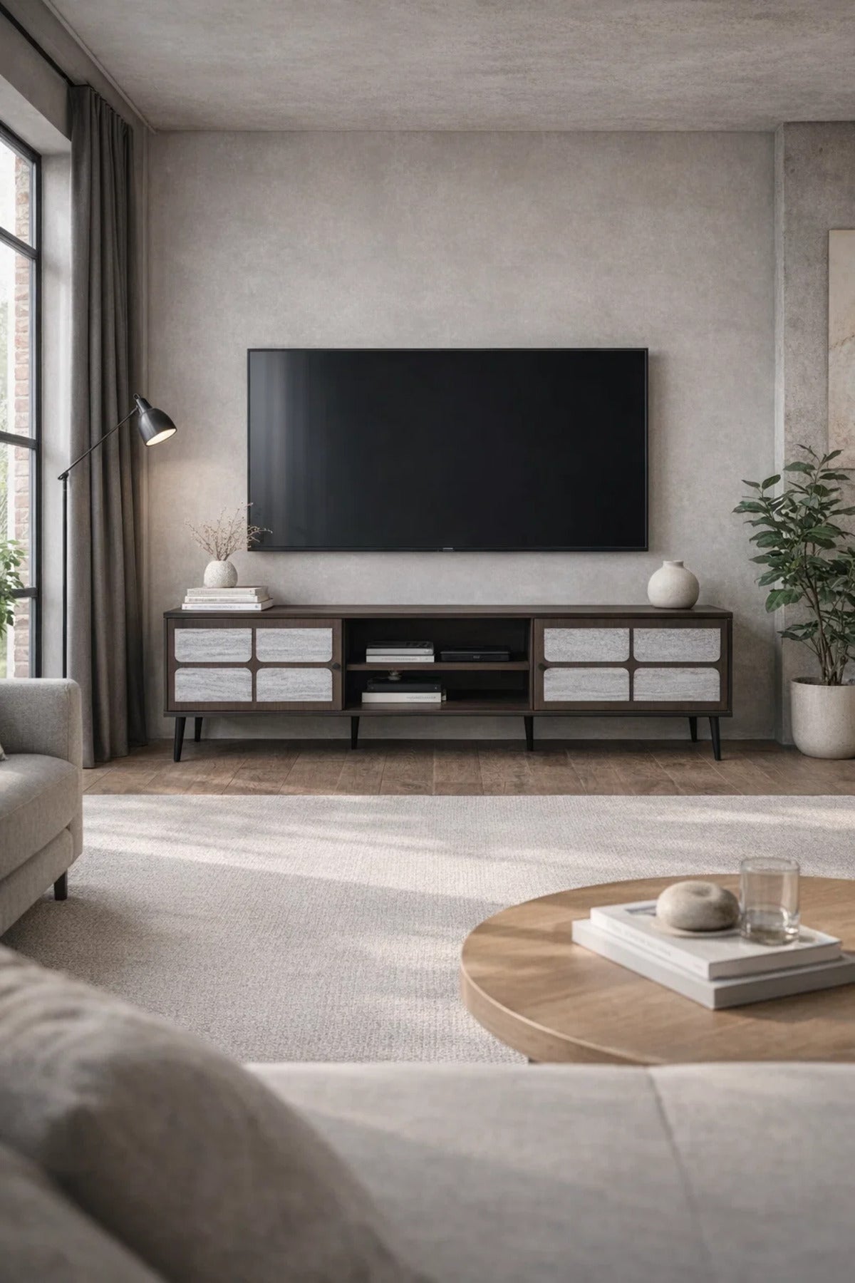 Brown & Grey TV Stand √ê 180x40x45 cm Modern Plasma Table with Cabinets & Shelves