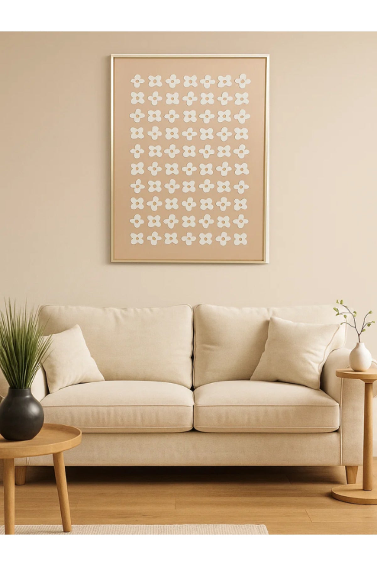 Modern Geometric Wall Art Ð 120_80 cm Beige Floral Pattern Framed Canvas DŽcor