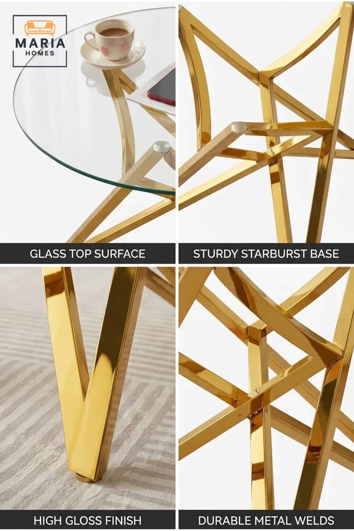 Modern Round Glass Coffee Table with Gold Metal Base √ê Luxury Tempered Glass Center Table for Living Room, Lounge & Contemporary Interiors
