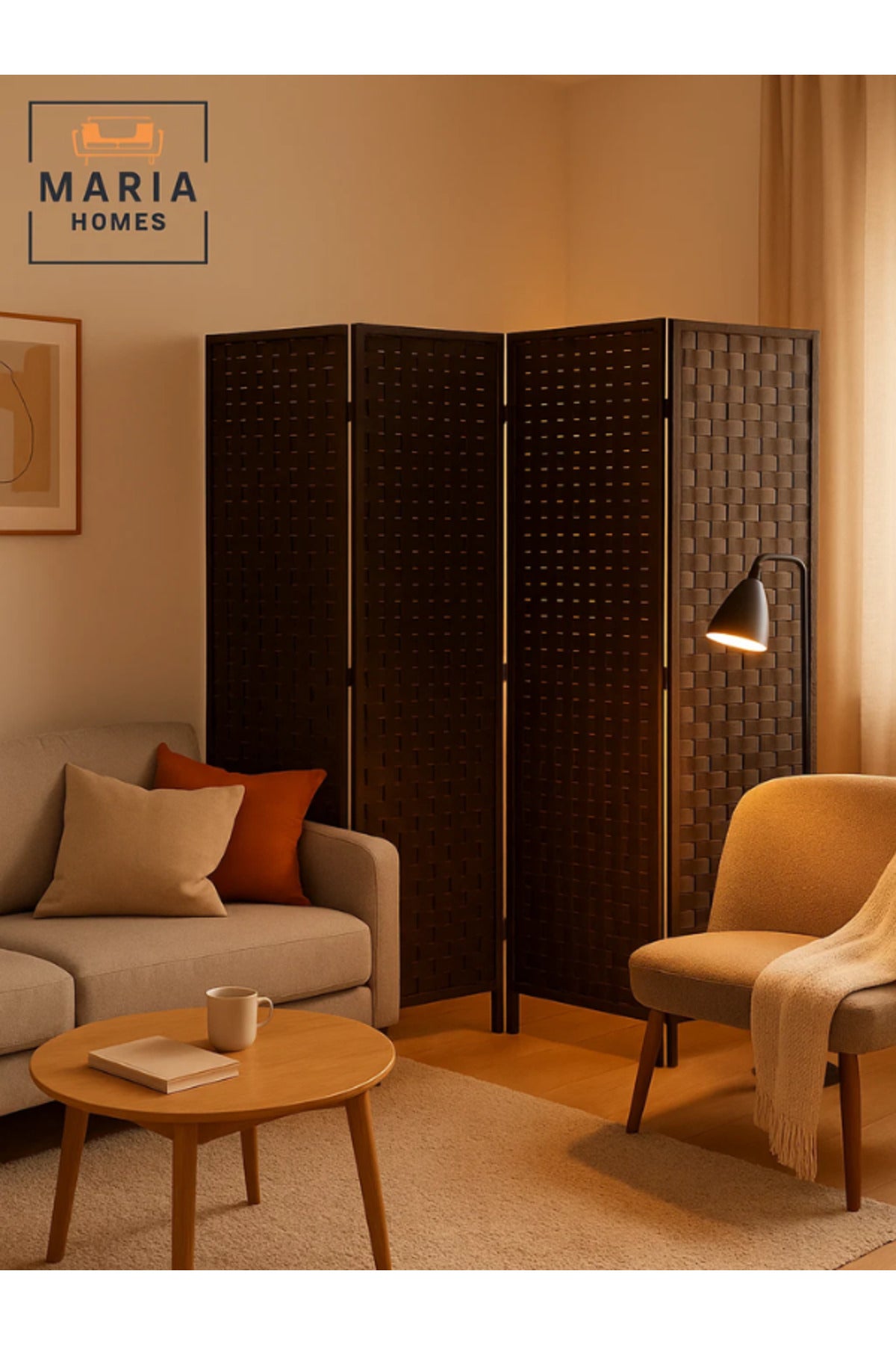 Coffee 4-Panel Folding Room Divider Ð Privacy Partition Screen for Home, Office & Majlis 180_178 cm