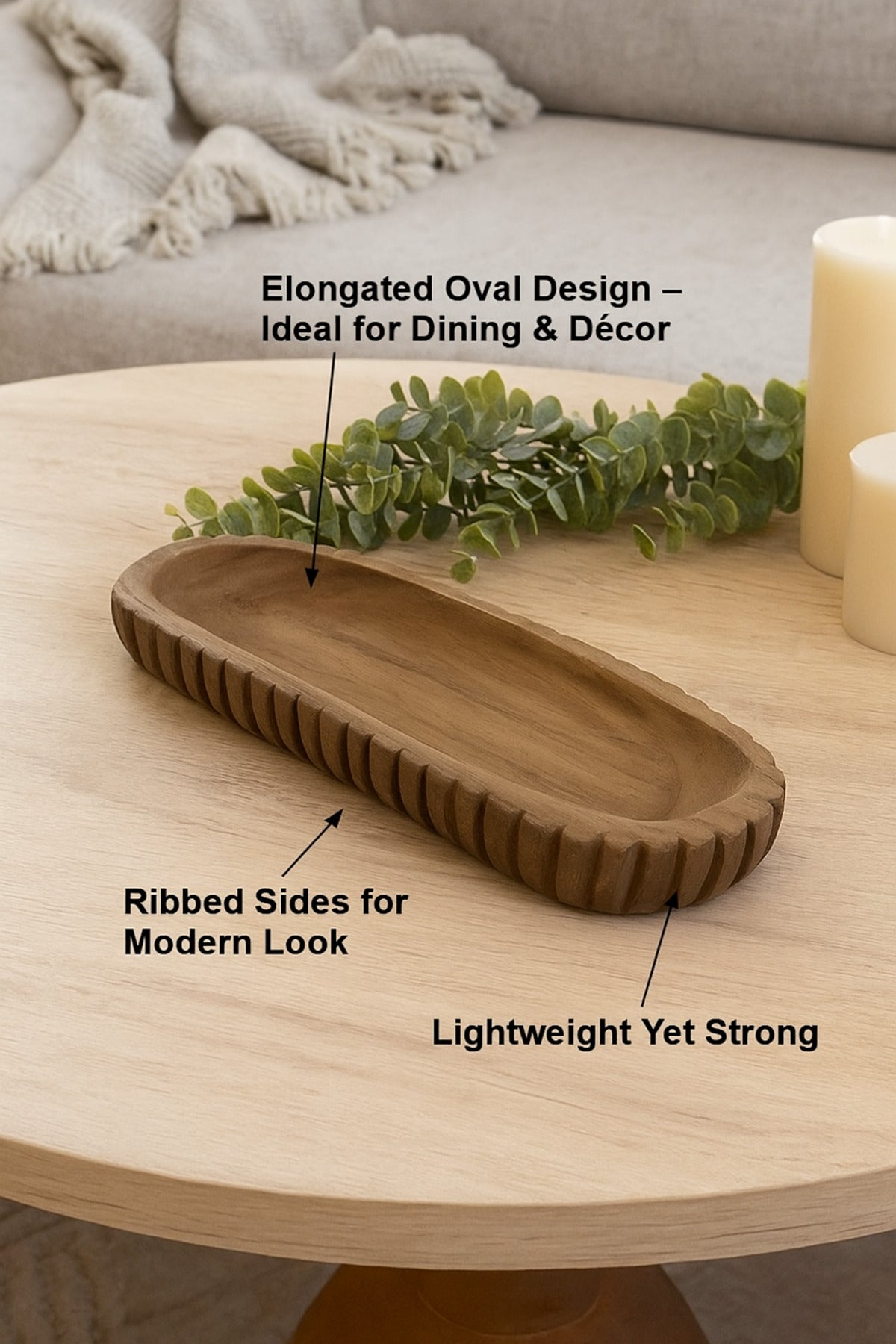 Walnut Wooden Ribbed Decorative Tray Ð Modern Long Table Centerpiece