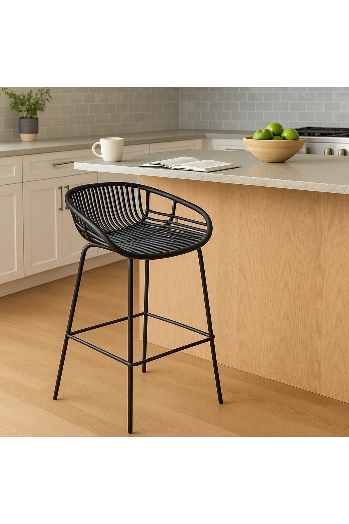 Black Rattan-Style Bar Stool with Metal Legs √ê Modern High Chair for Indoor or Outdoor Use