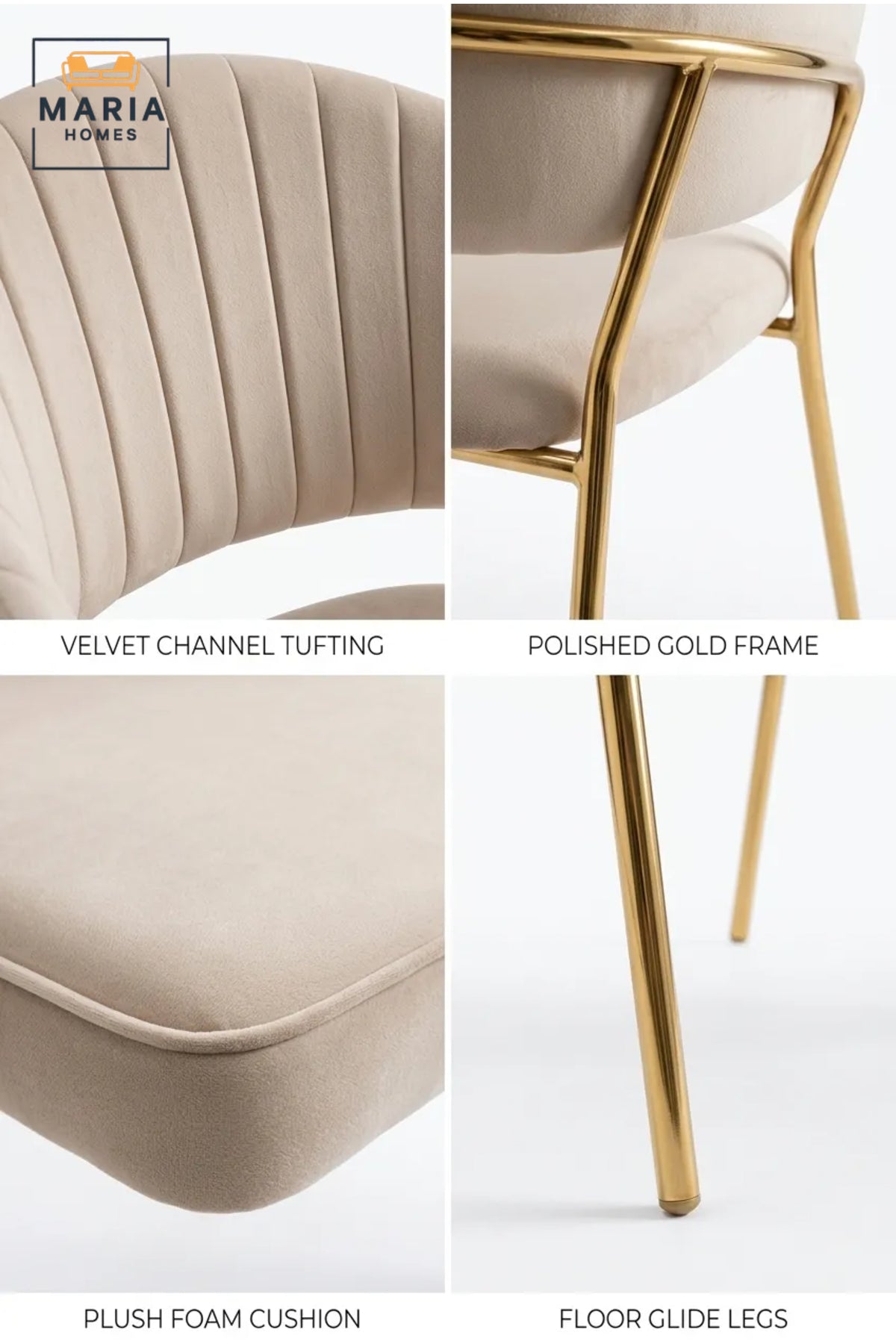 Beige Velvet Dining Chair with Gold Metal Legs √ê Modern Upholstered Accent Chair for Dining Room, Living Room & Luxury Interiors