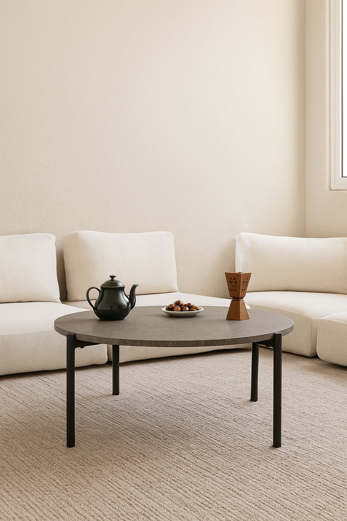 Minimalist Round Coffee Table in Gray with Black Metal Legs Ð Modern Center Table 80_30 cm