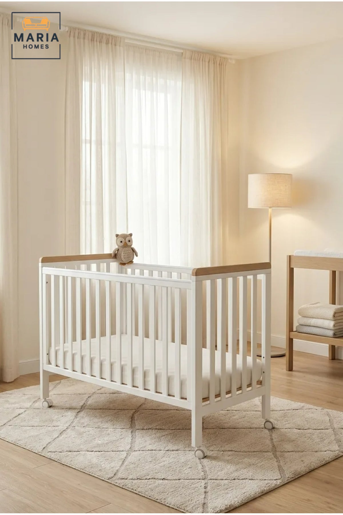 Baby Cot with Safety Rails and Lockable Wheels, Wooden Nursery Crib Bed with Slatted Sides for Newborn Babies, Infants and Toddlers
