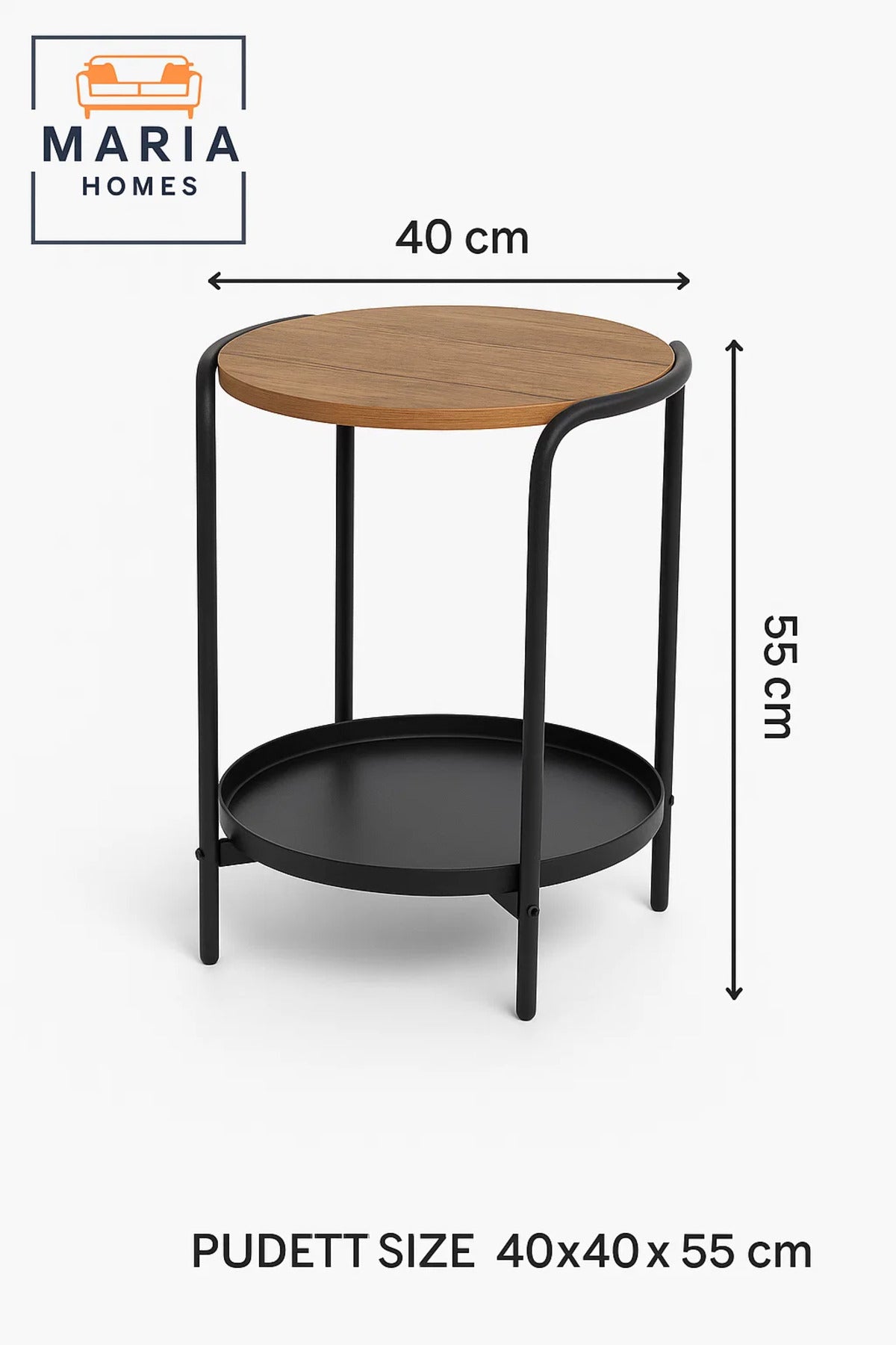 Round Side Table with Wood Top and Black Metal Frame with Tray Shelf
