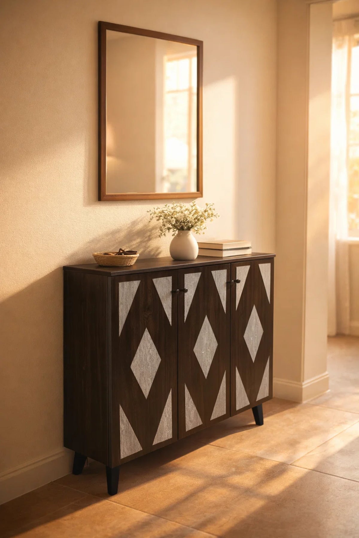 Elegant Dark Brown TV Table Console with Diamond Pattern Doors and Spacious Storage 90cm Wide