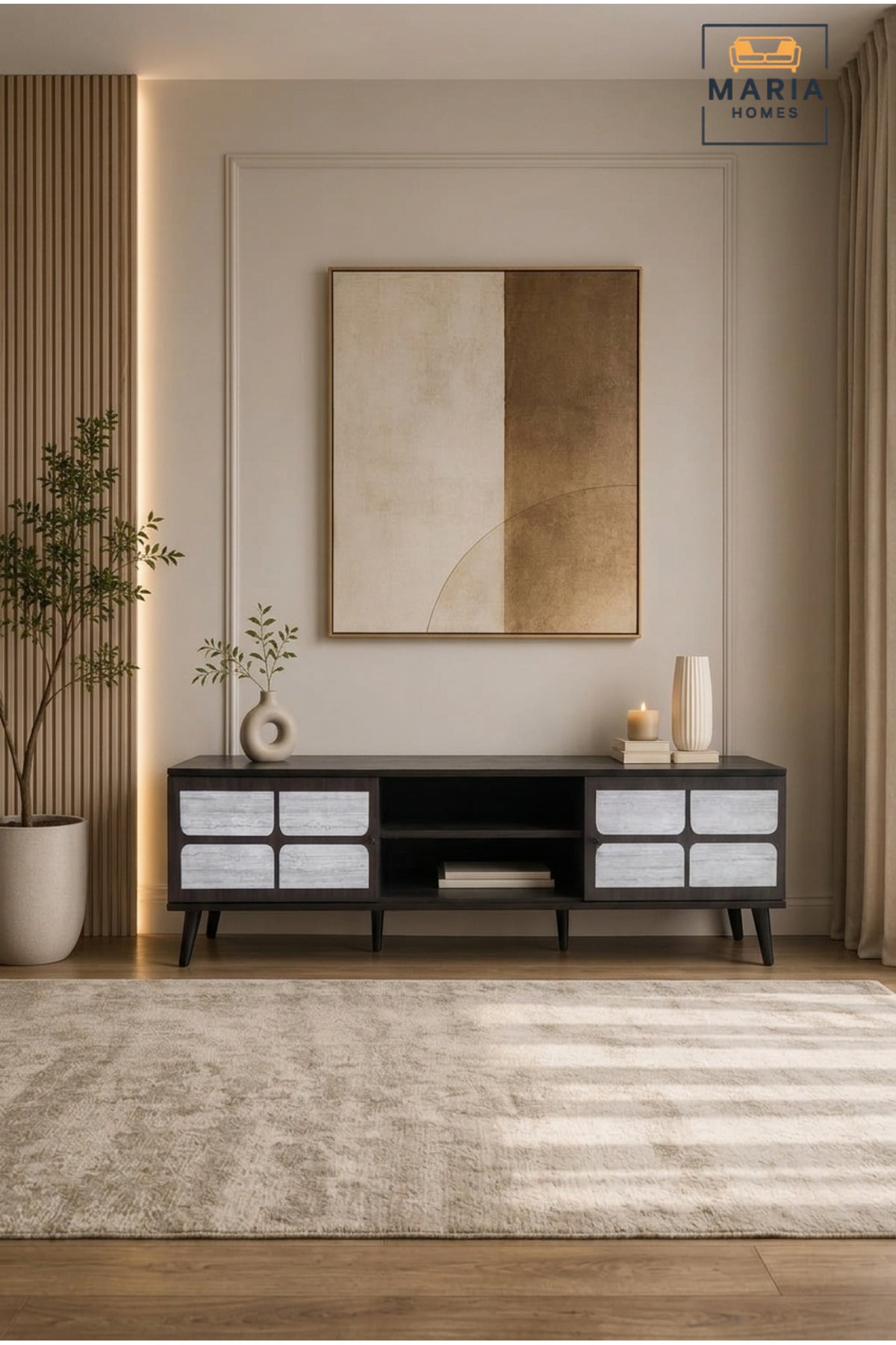 Large Modern TV Unit with Stone-Effect Doors Ð Walnut Entertainment Console Cabinet