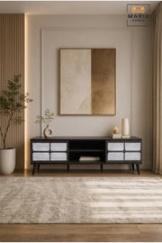 Large Modern TV Unit with Stone-Effect Doors Ð Walnut Entertainment Console Cabinet