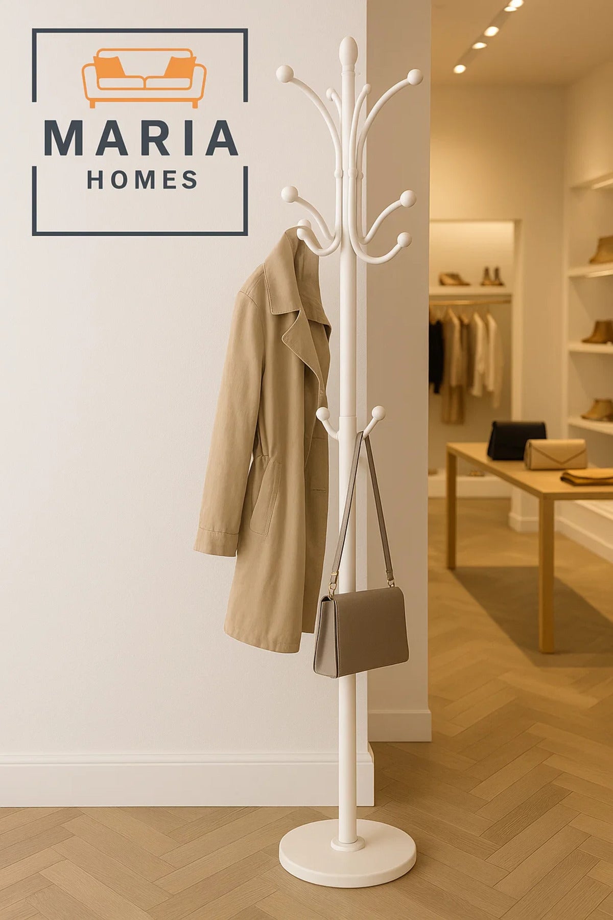 Classic White Coat Rack with Ball-End Hooks and Round Base