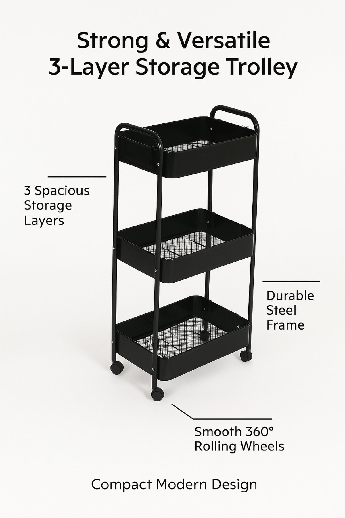3-Tier Moveable 77L X 46H X 29W Foldable Storage Shelves Black