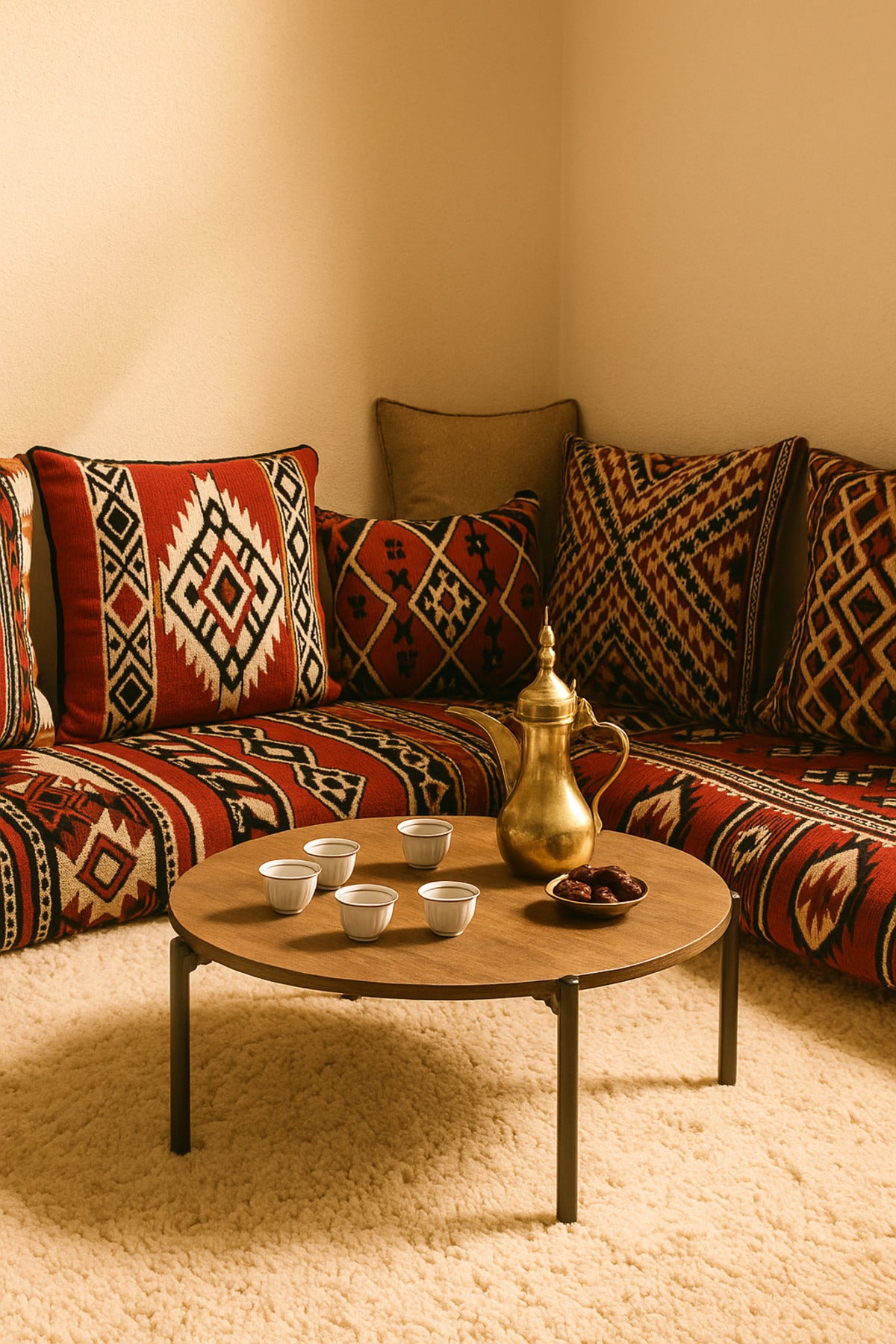 Round Brown Coffee Table with Black Metal Legs Ð Modern Center Table for Living Room 80_30 cm