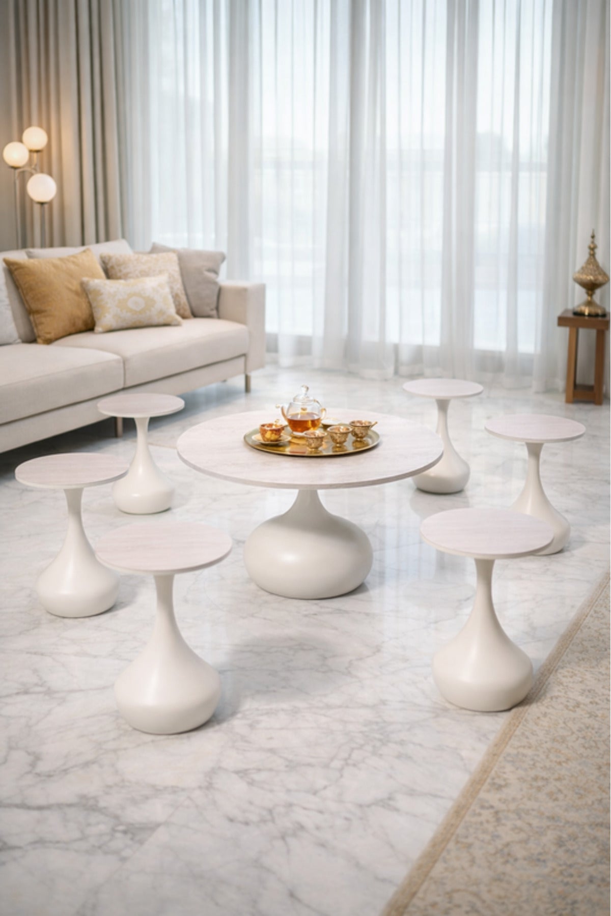 Luxury 7-Piece Ceramic Coffee Table Set Round Central Table and 6 Side Stands Light Grey Living Room