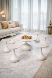 Luxury 7-Piece Ceramic Coffee Table Set Round Central Table and 6 Side Stands Light Grey Living Room