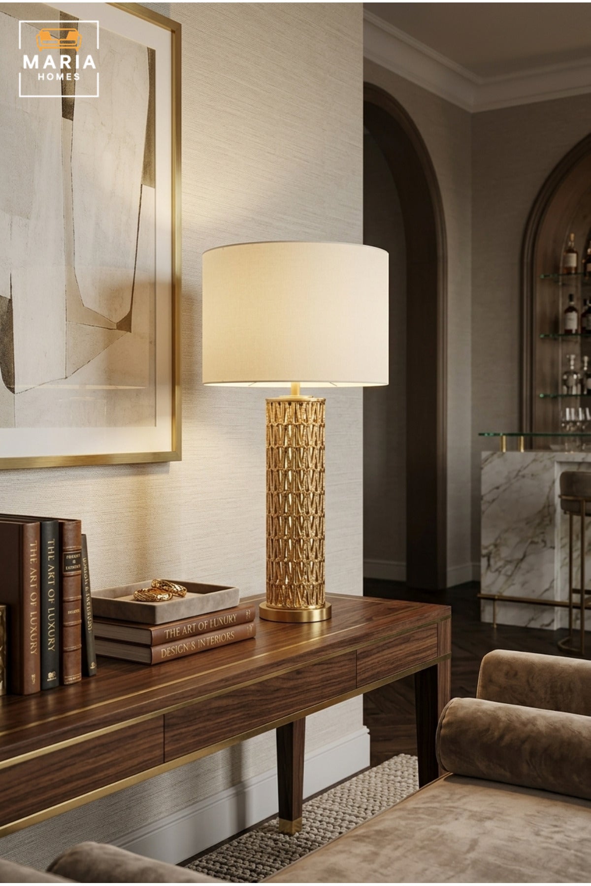 Luxury Gold Lattice Table Lamp with White Drum Fabric Shade and Decorative Cylindrical Base for Bedroom, Living Room, Office, Hotel and Bedside Décor