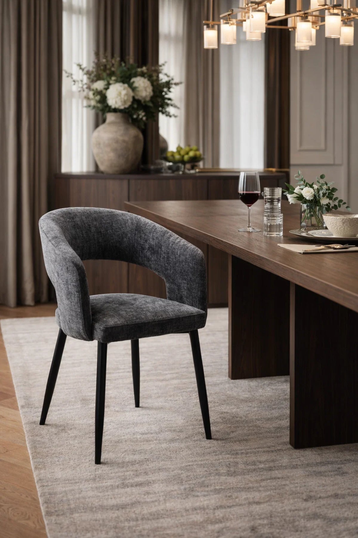 Dark Grey Fabric Arm Dining Chair 80x44x48cm Modern dark grey fabric Kitchen