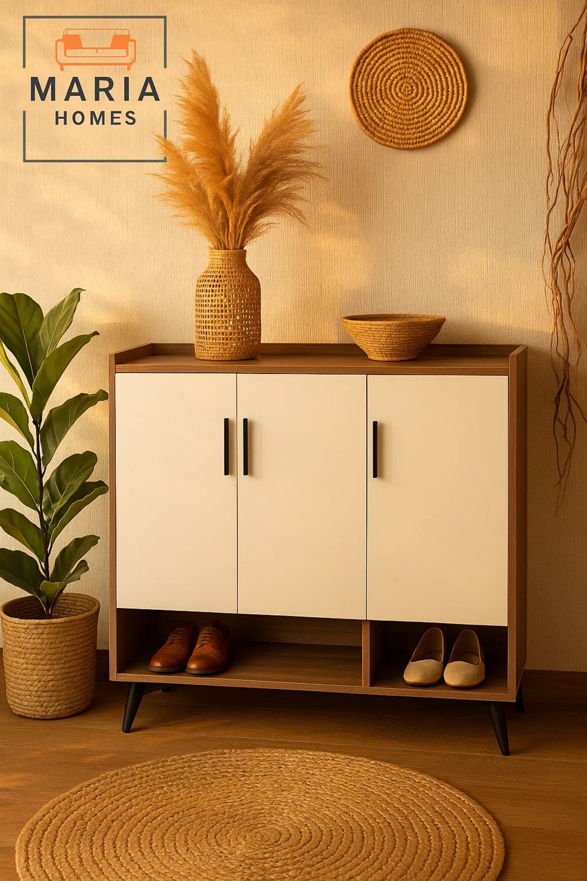 Contemporary White 3-Door Wooden Shoe Rack with Open Bottom Shelf Ð Space-Saving Shoe Cabinet