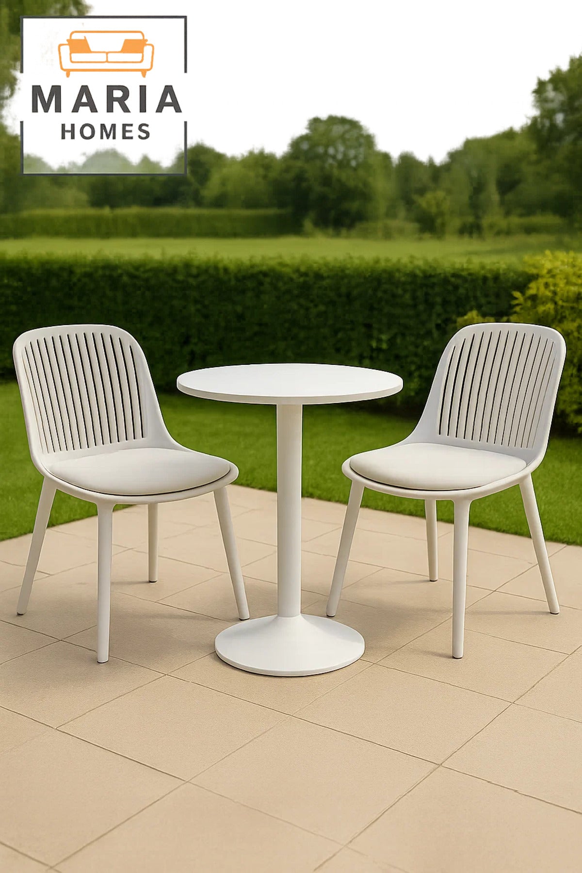 Modern White Plastic Chair with Vertical Cutout Back and Cream Seat Cushion