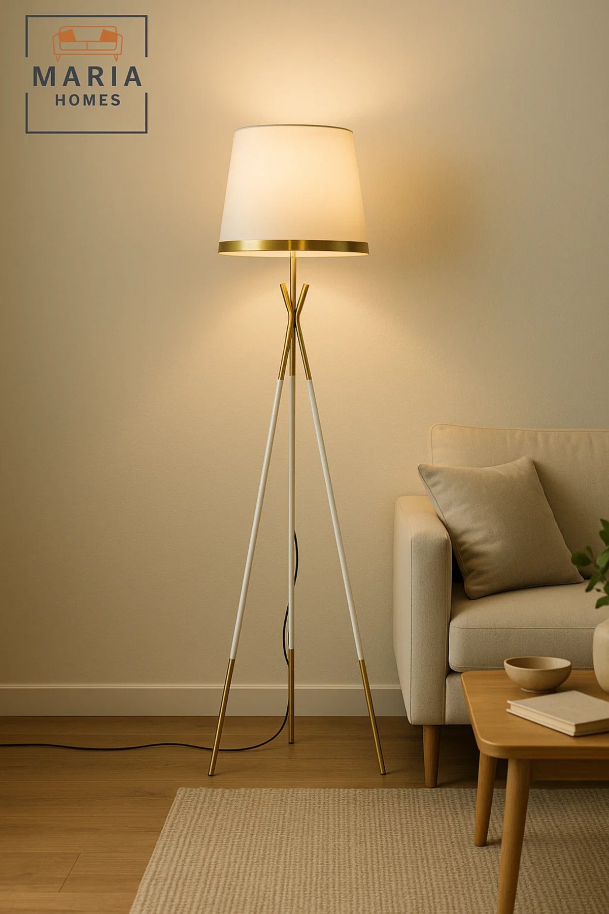 Elegant White and Gold Tripod Floor Lamp