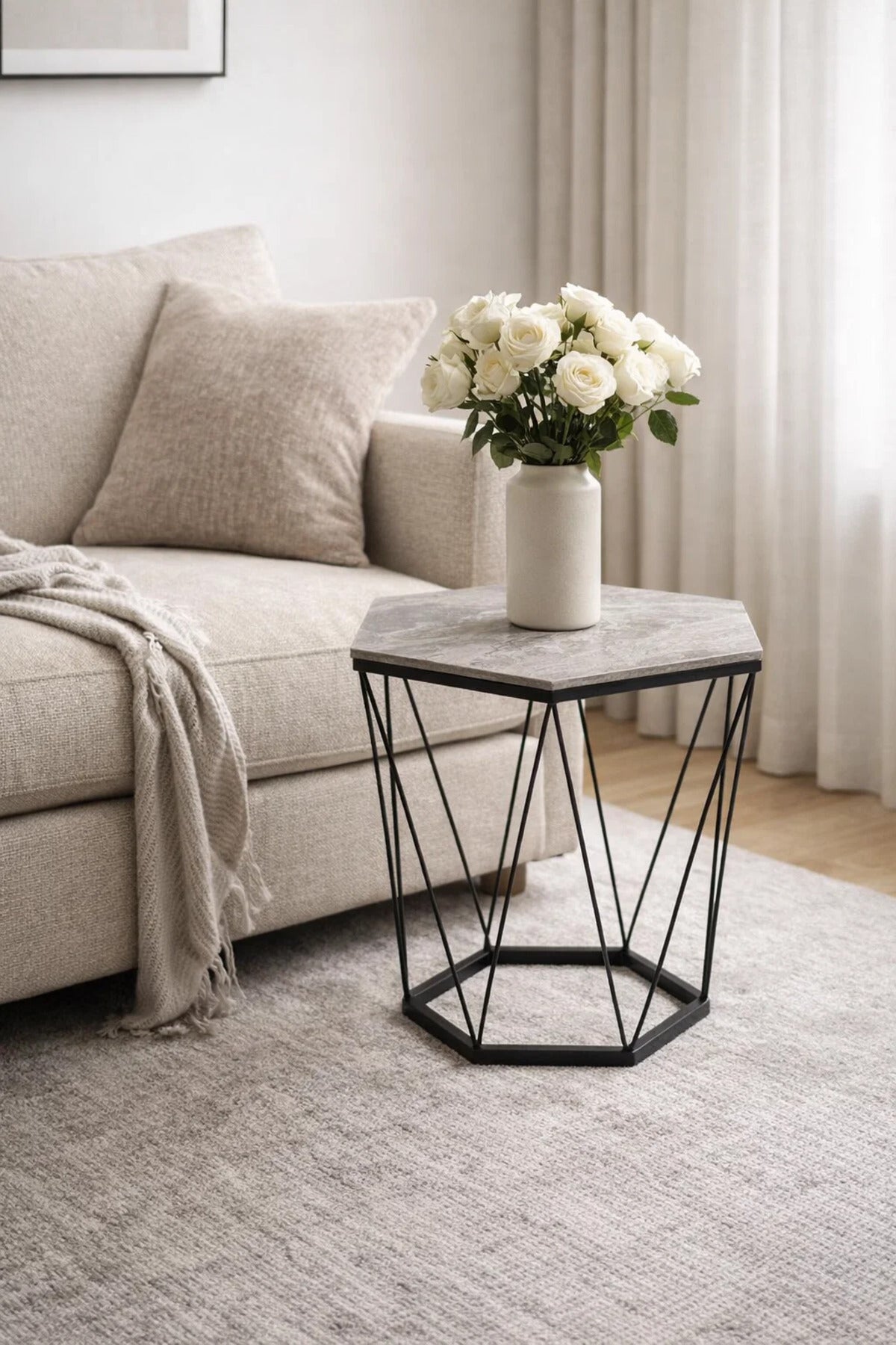 Stylish Hexagon Coffee Table White Ceramic Top Black Metal Geometric Frame Living Room Decor 60cm