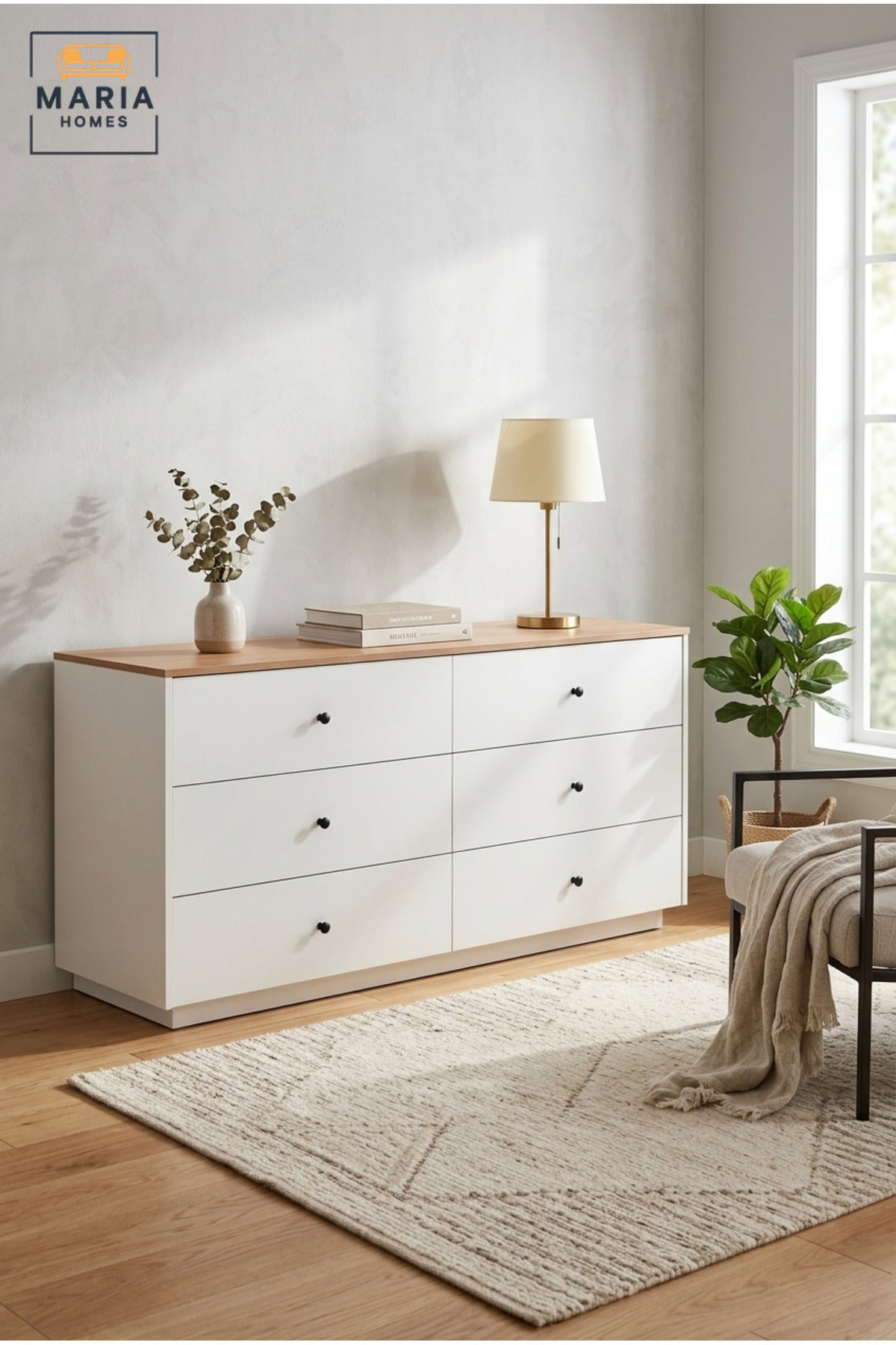 Modern 6 Drawer Dresser 160 x 48 x 78 cm | White Storage Cabinet with Brown Wooden Top | Bedroom Chest of Drawers | Contemporary Organizer for Bedroom, Living Room & Hallway