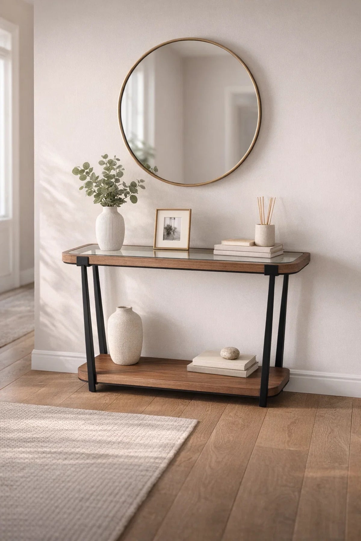Modern Wood Console Table with Lower Shelf for Entryway & Living Room