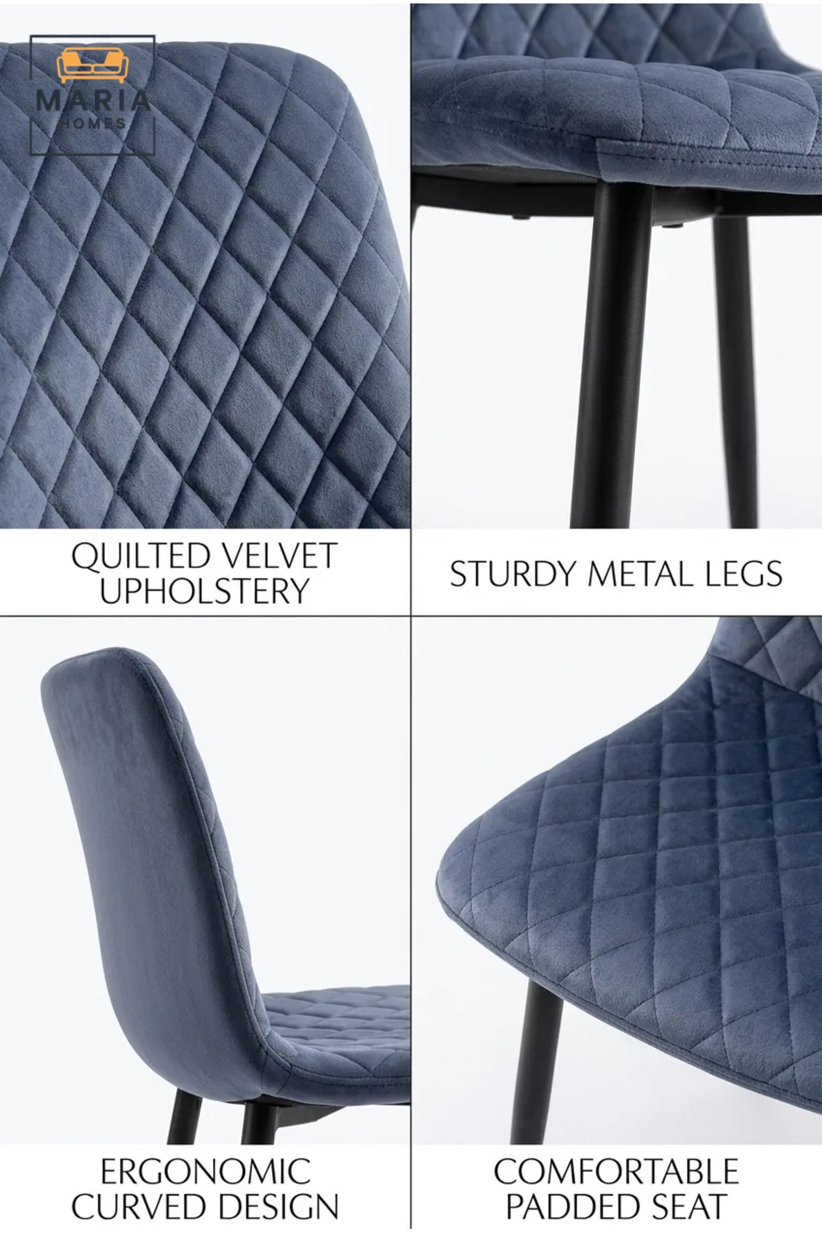 Grey Velvet Dining Chair with Diamond Quilted Upholstery √ê Modern Upholstered Dining Chair with Black Metal Legs for Dining Room, Kitchen & Caf≈Ω