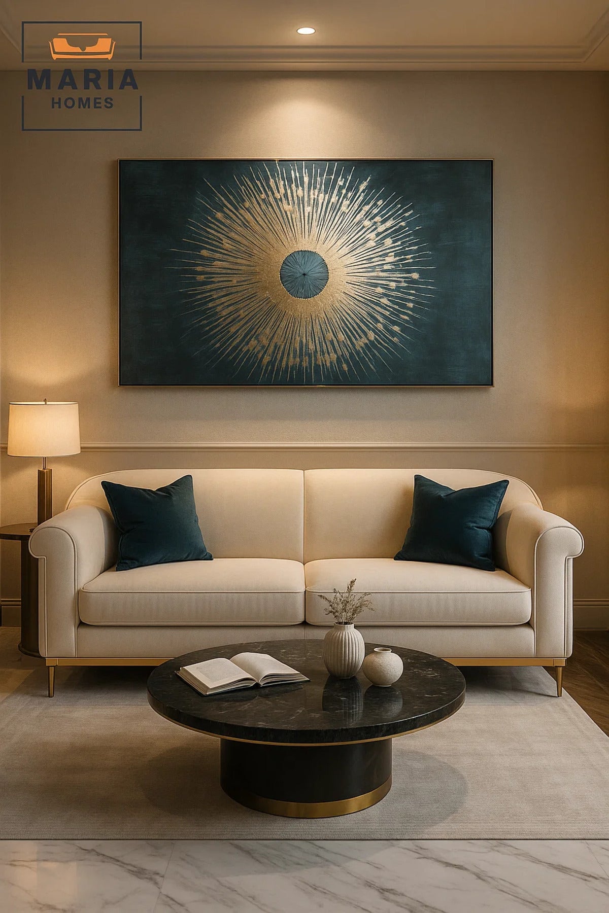 Framed Abstract Wall Art Ð Golden Sunburst on Textured Teal Background and Size 102*152 cm