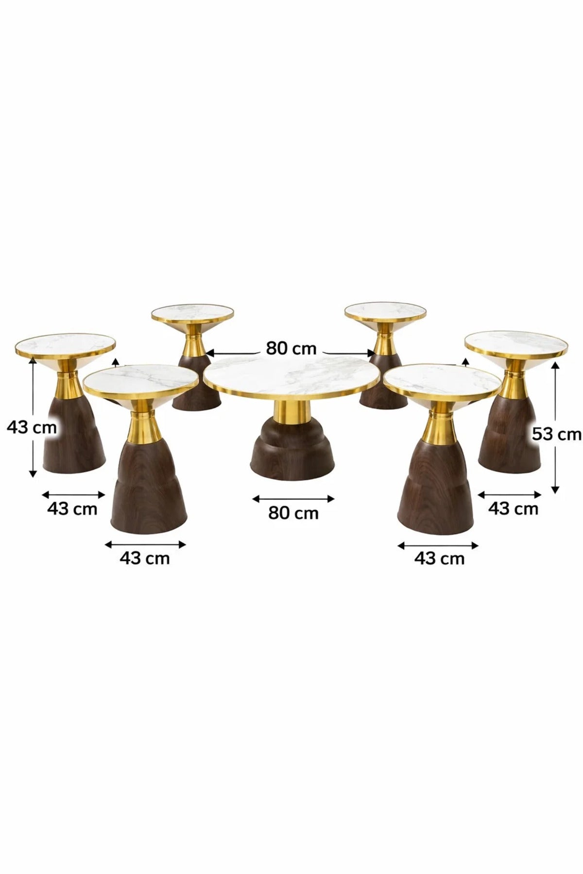 Modern 1+6 Center Table Set Marble Pattern Top Gold Detail Dark Wood Base for Elegant Salons