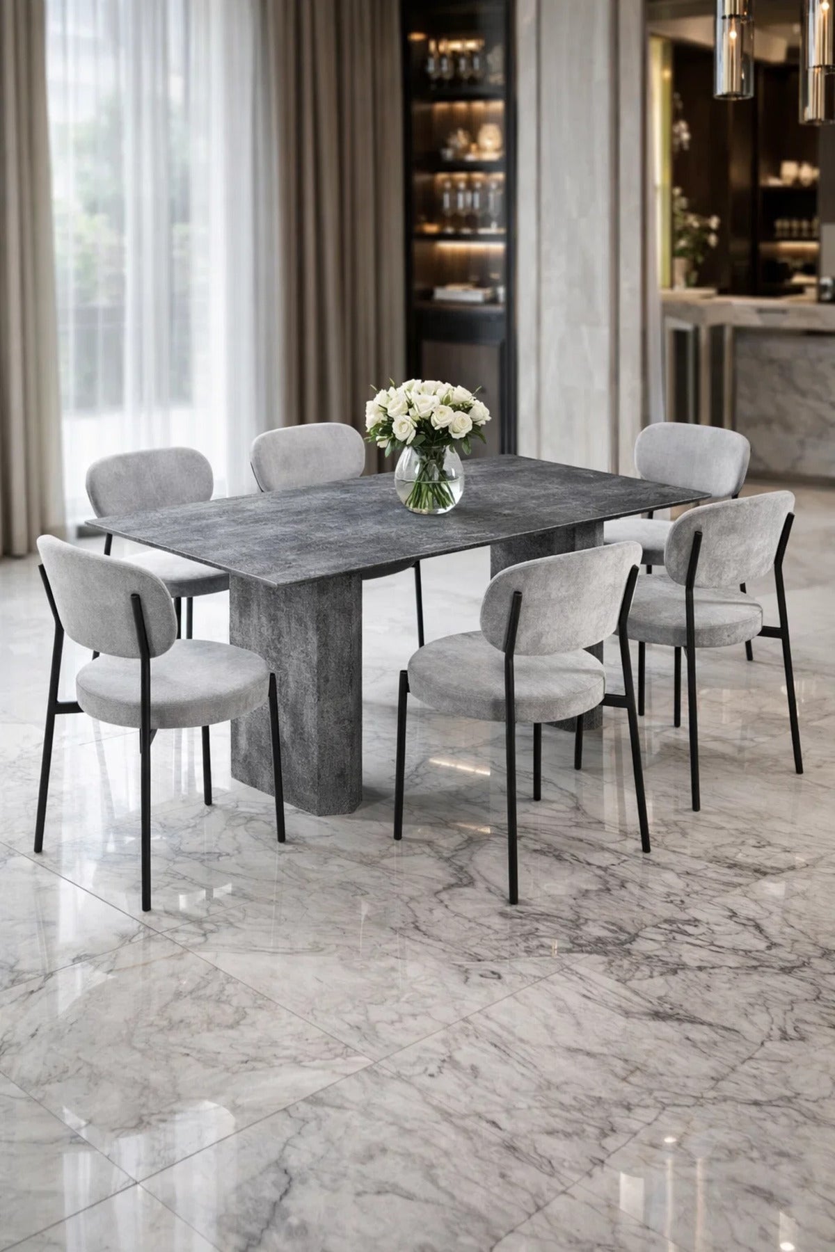 Luxury Grey Dining Table Set 6 Chairs Stone Look 150cm Modern Furniture for Kitchen Dining Room