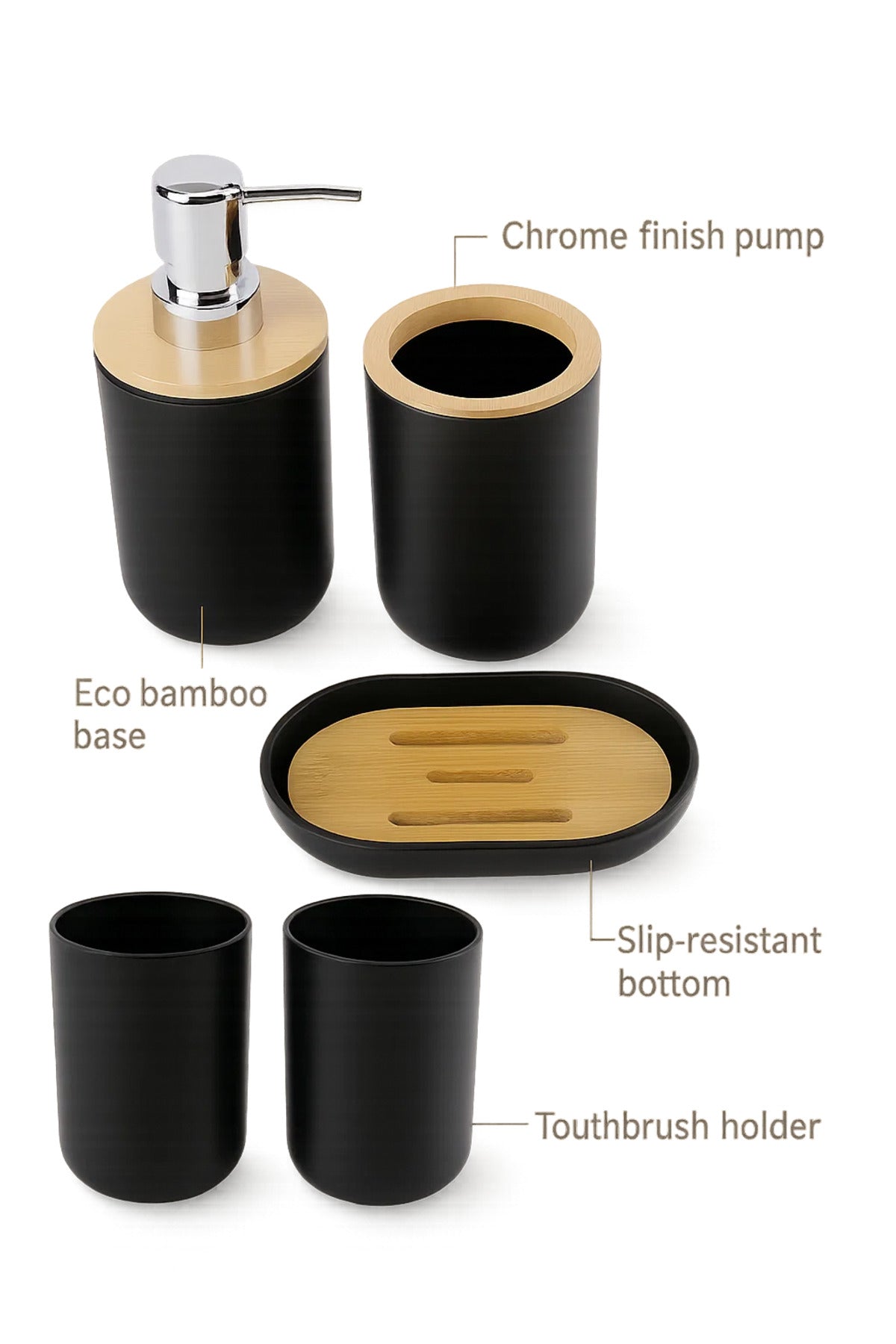 4-Piece Black Bathroom Set with Bamboo Ð Soap Dispenser, Tumbler, Toothbrush Holder, Dish