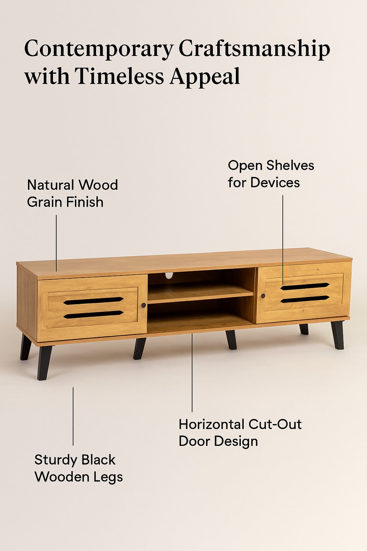Light Brown Wooden TV Stand 180_40_44 cm Ð Modern TV Unit with Slot Design Doors and Open Shelves