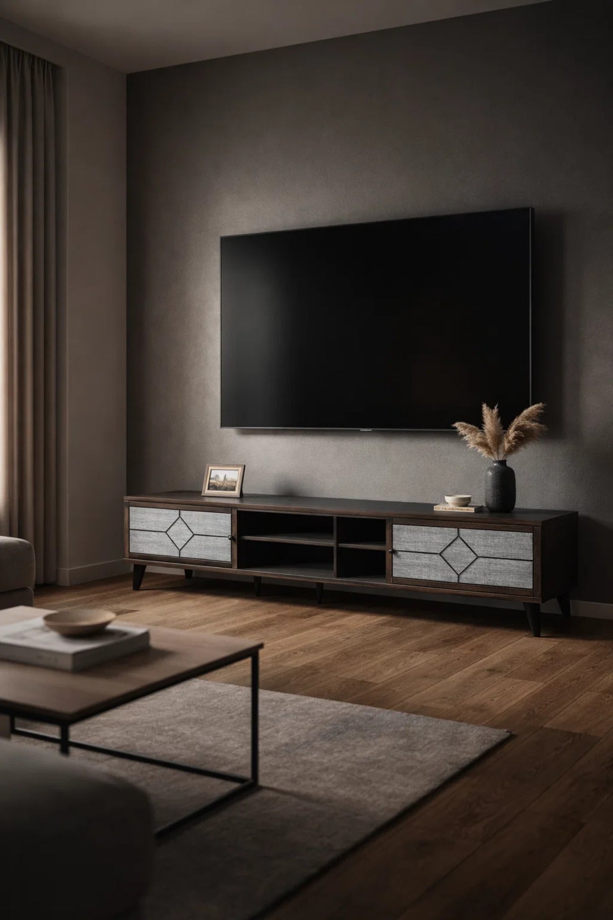 Modern Brown.G Floating TV Table with Drawers and Open Shelf
