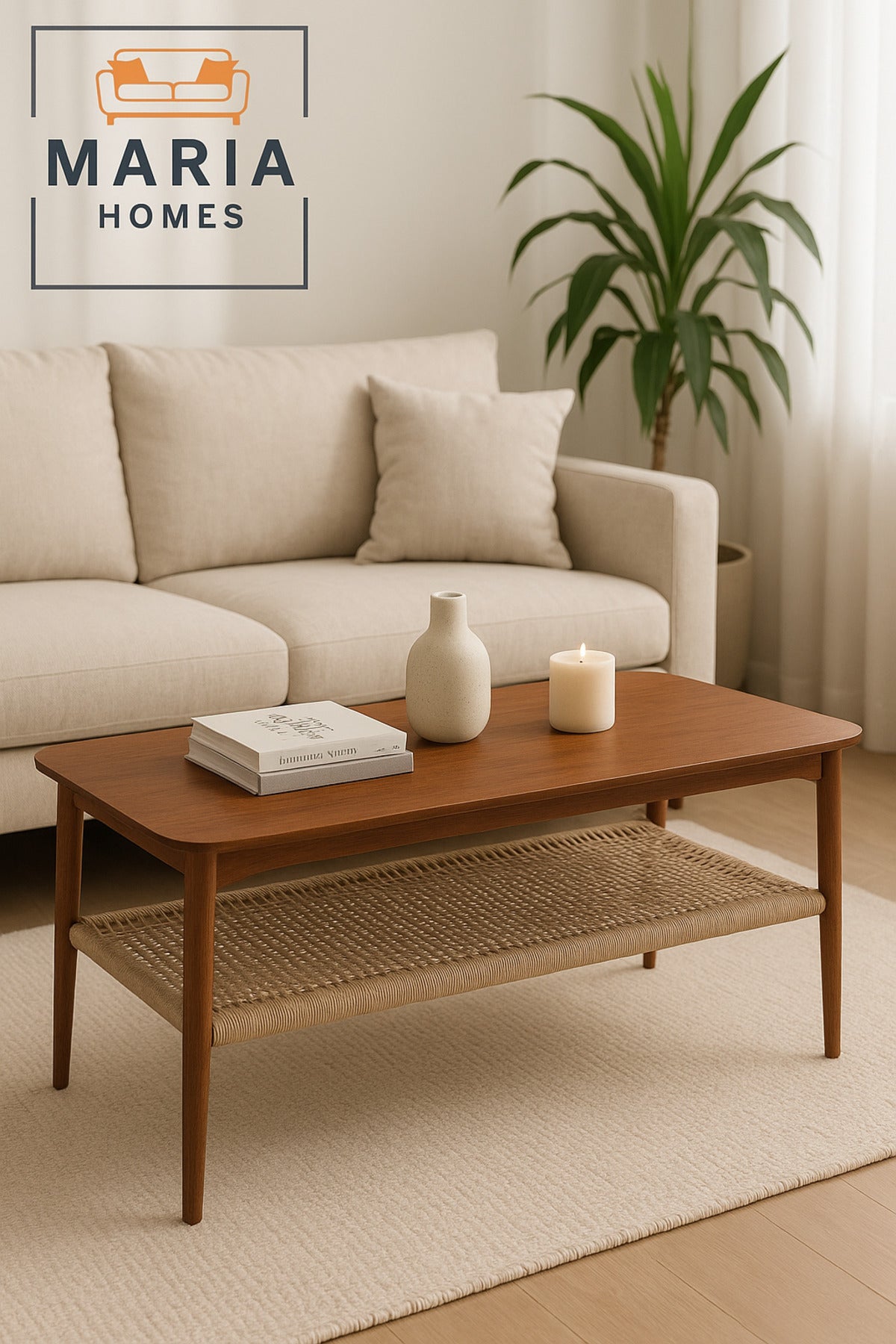 Modern Rectangular Center Table with Wooden Top and Woven Storage Shelf Ð Walnut Finish