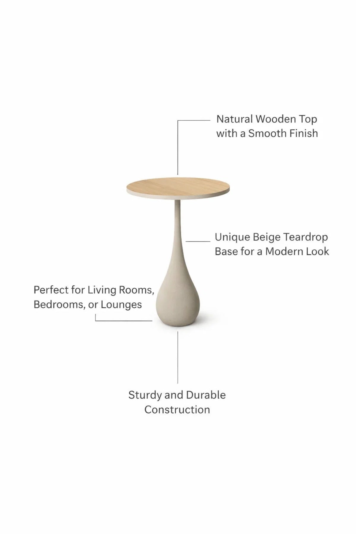 Modern Beige Side Table with Wooden Top Round Coffee Table for Living Room Decoration 60cm