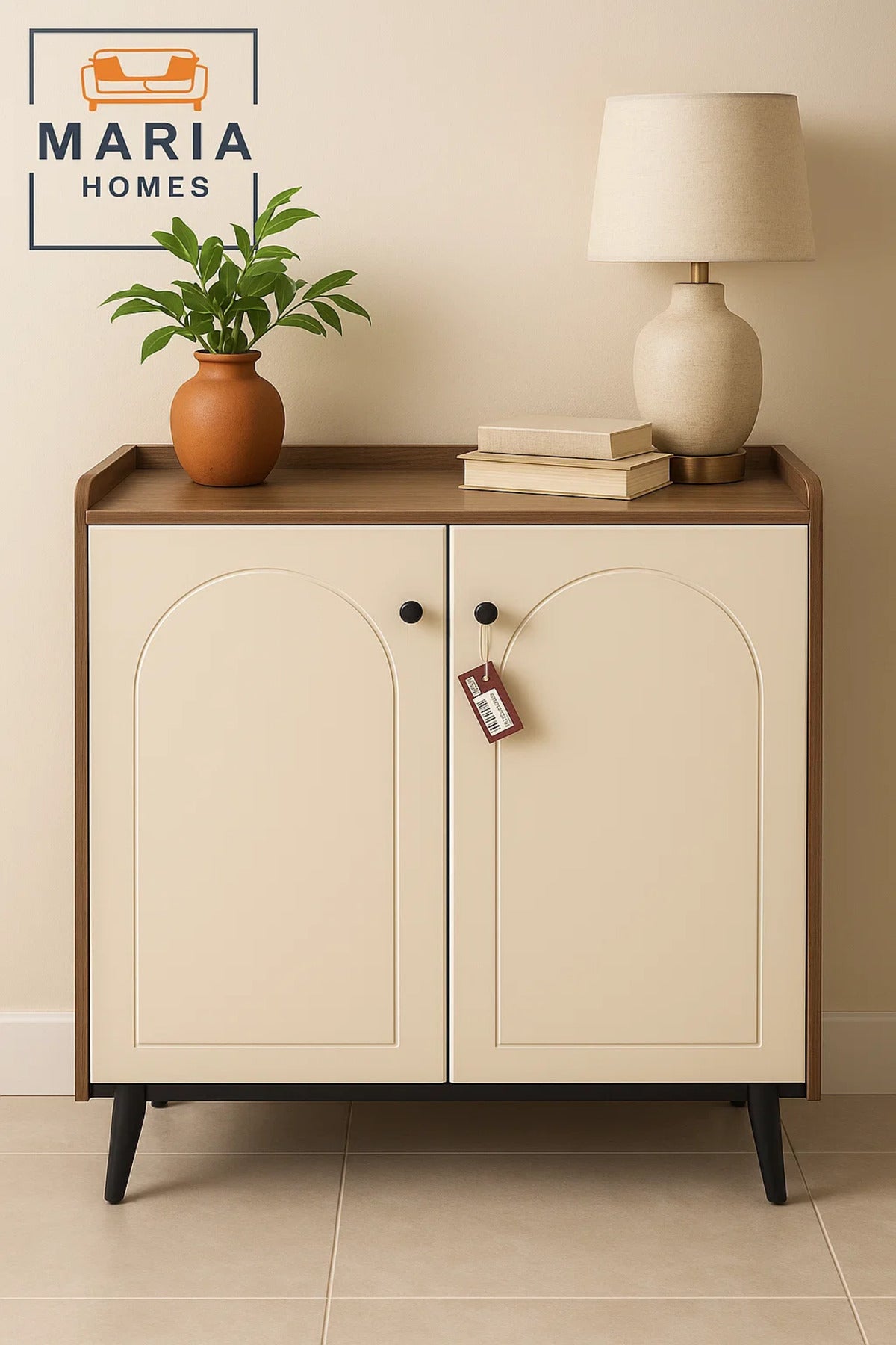 Modern Cream Shoe Rack Cabinet with Arched Doors Ð 2-Door Shoe Storage Unit for Entryway & Hallway