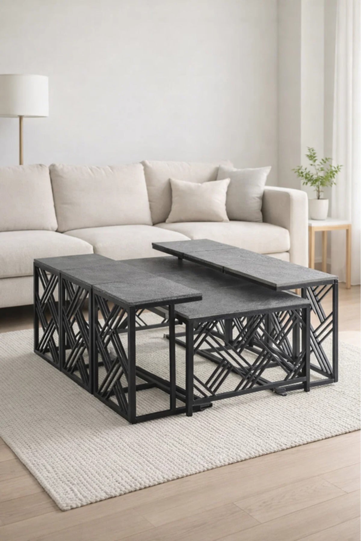 Modern Grey Coffee Table Set with 6 Side Tables 130 _ 70 _ 45 cm