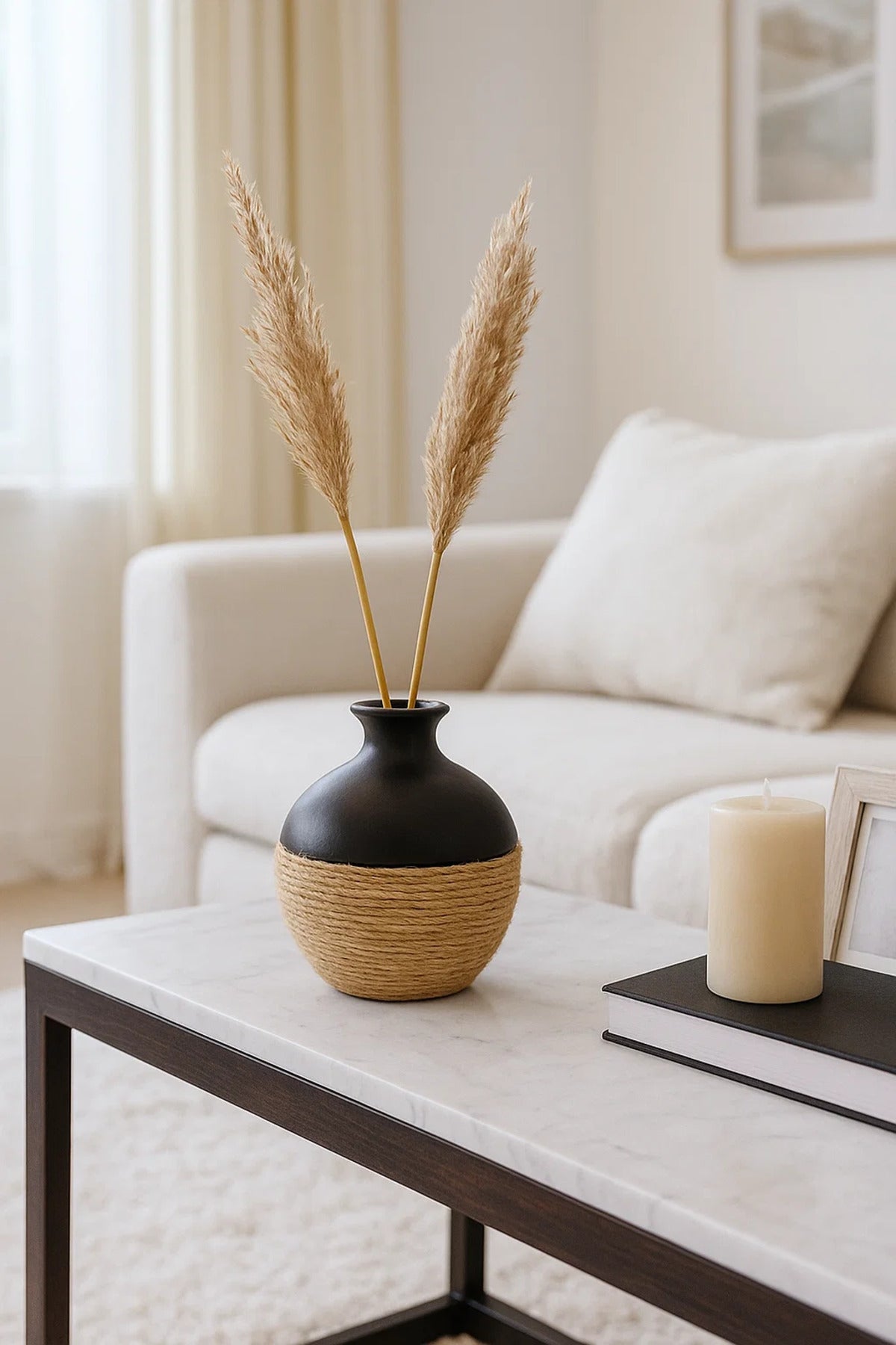 Black Ceramic Round Vase Ð Modern Decorative Rope Design Flower Pot for Home DŽcor