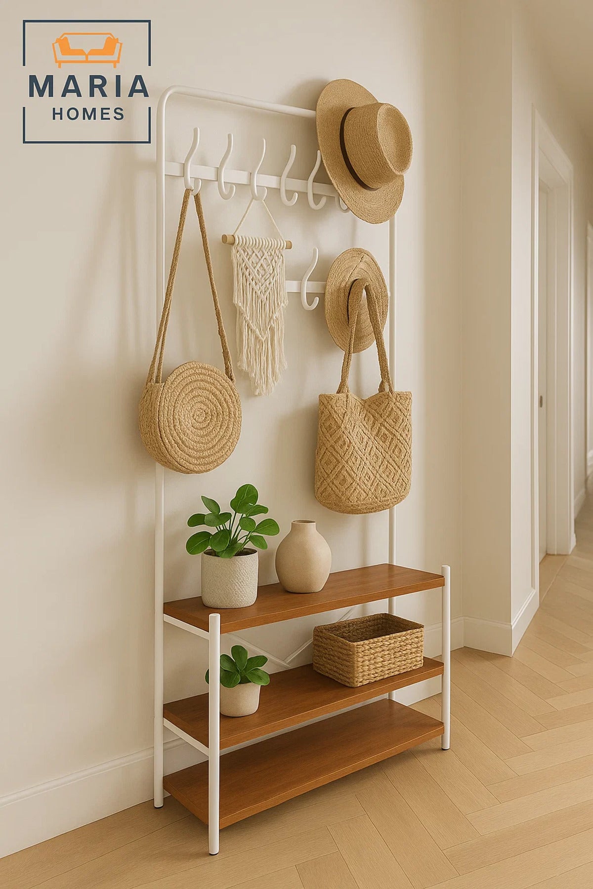 White Frame Coat Rack with 12 Hooks and 3-Tier Wooden Shoe Shelves