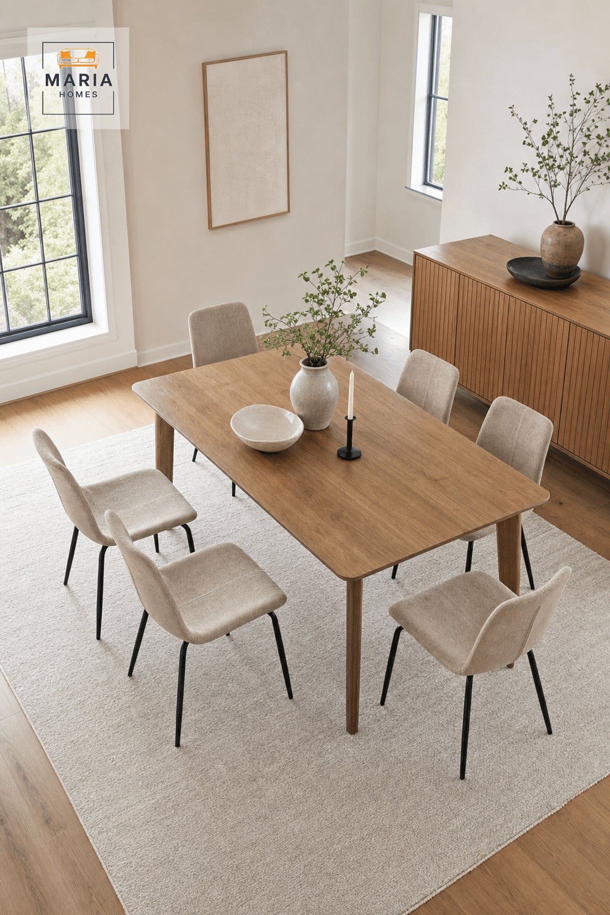 Beige Upholstered Dining Chair with Black Metal Legs, Modern Minimalist Seat
