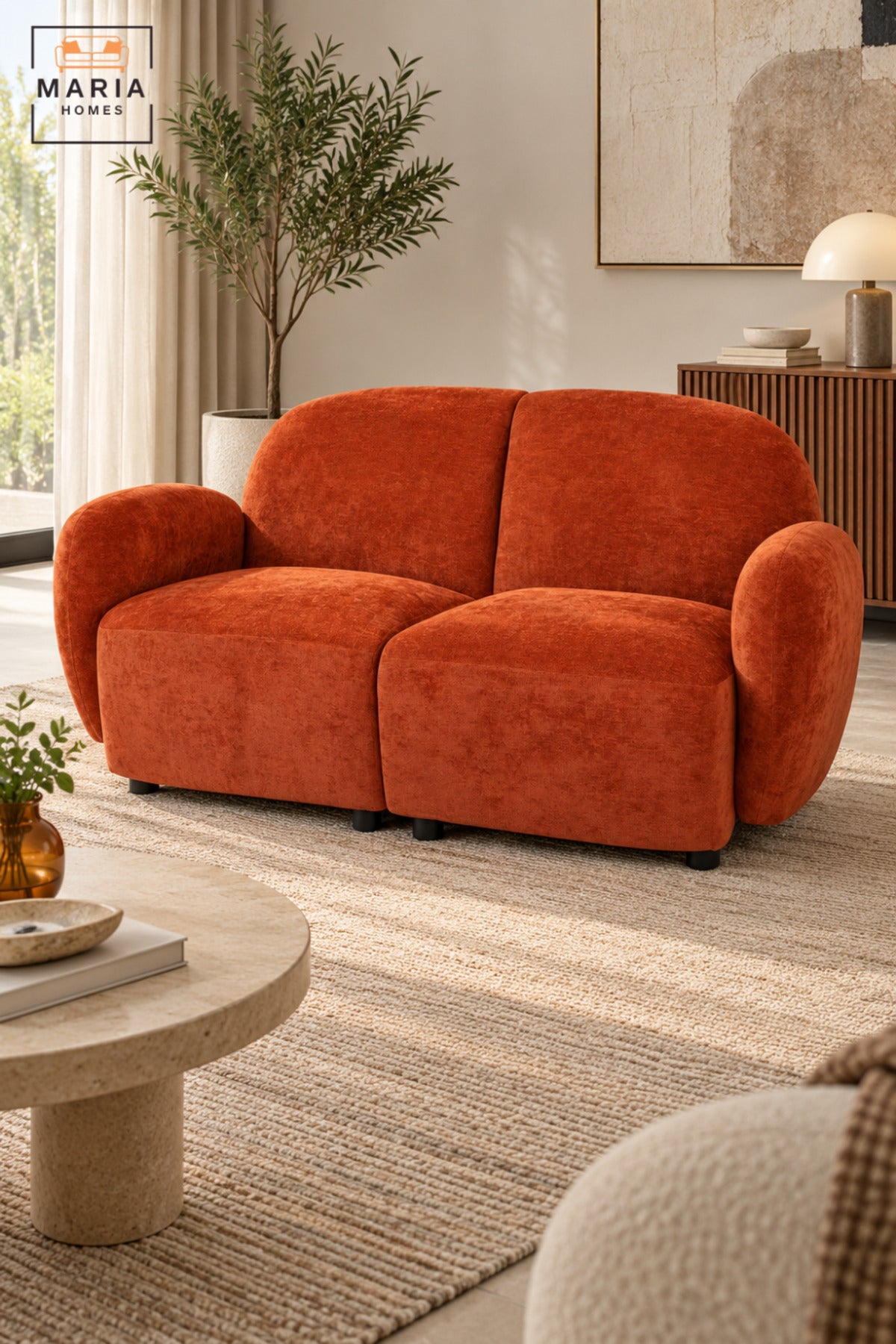 Modern 2 Seater Upholstered Loveseat Sofa with Rounded Backrest, Curved Armrests & Deep Cushioned Seats for Living Room, Bedroom and Lounge