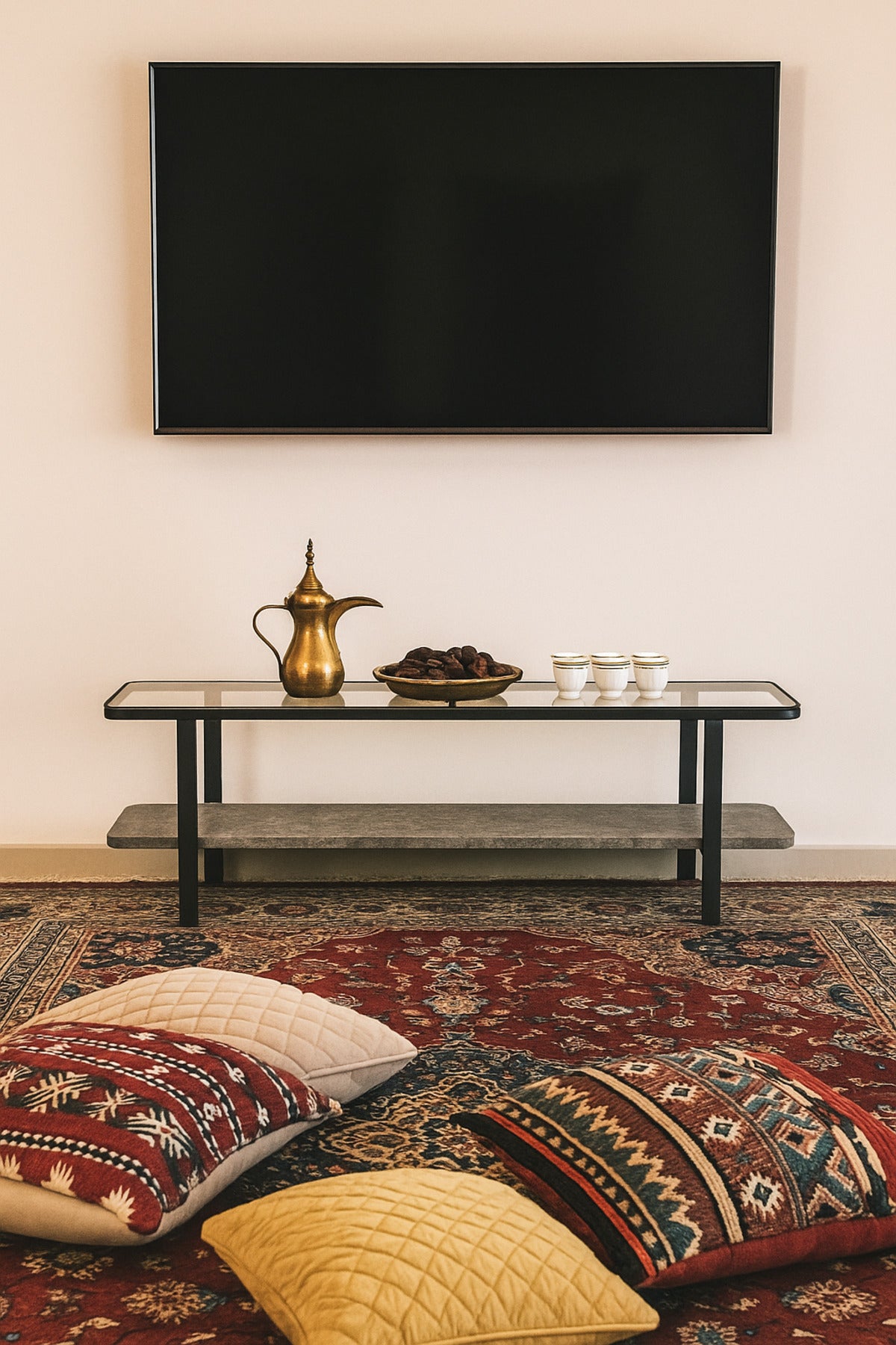 Modern Glass Top Console Table with Grey Stone Shelf & Black Metal Frame Ð 180_40_50 cm