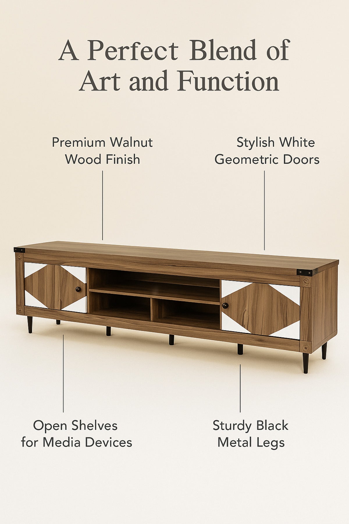 Walnut & White Wooden TV Stand 180_40_55 cm Ð Modern TV Unit with Storage Cabinets and Open Shelves