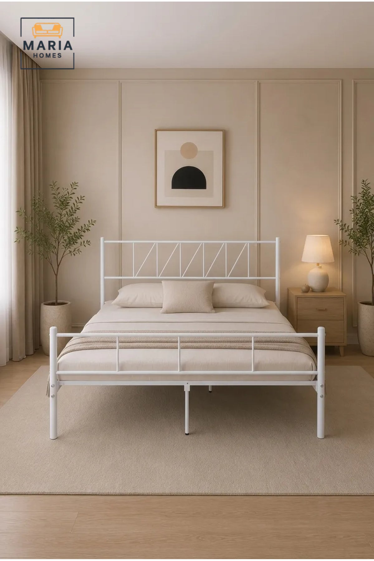 Modern White Metal Bed Frame with Headboard for Bedroom Furniture Platform Bed