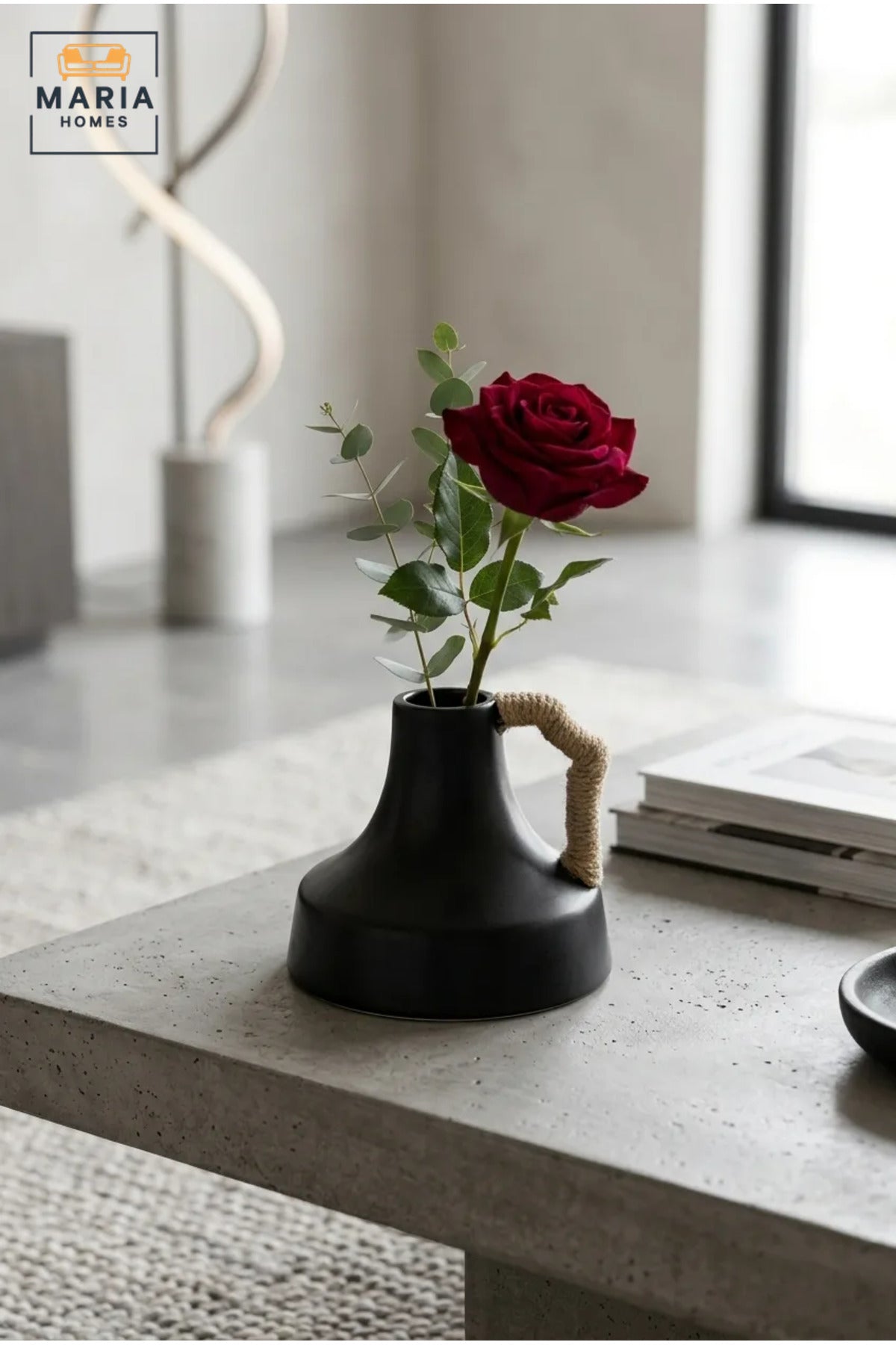 Modern Decorative Flower Vase with Rope-Wrapped Handle, Wide Rounded Base and Narrow Neck for Living Room, Bedroom, Office, Shelf and Console Décor