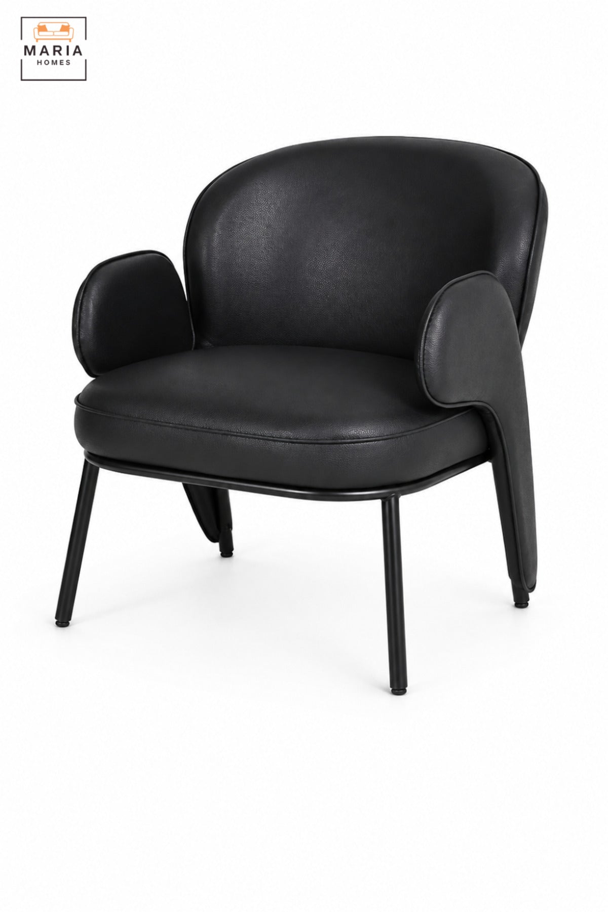 Modern Black Leather Accent Armchair with Curved Backrest, Padded Seat, Unique Armrests & Slim Metal Legs for Living Room Bedroom Office Lounge