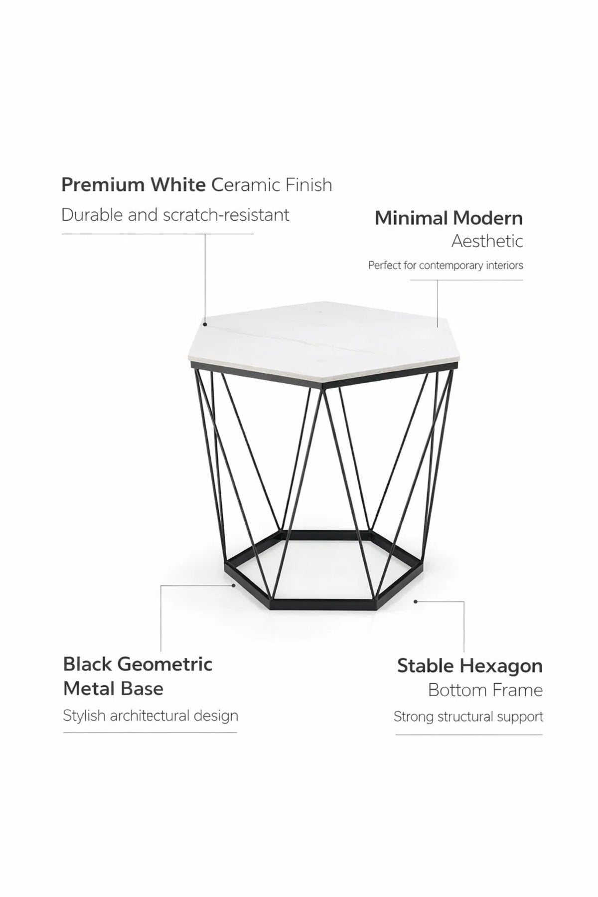 Stylish Hexagon Coffee Table White Ceramic Top Black Metal Geometric Frame Living Room Decor 60cm