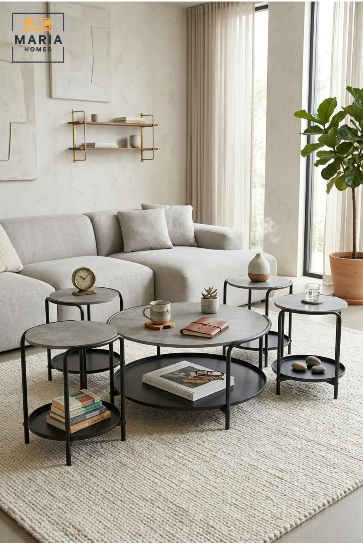 Modern Five-Piece Coffee Table Set with Round Center Table, Four Matching Side Tables and Lower Storage Shelves for Living Room, Lounge and Office